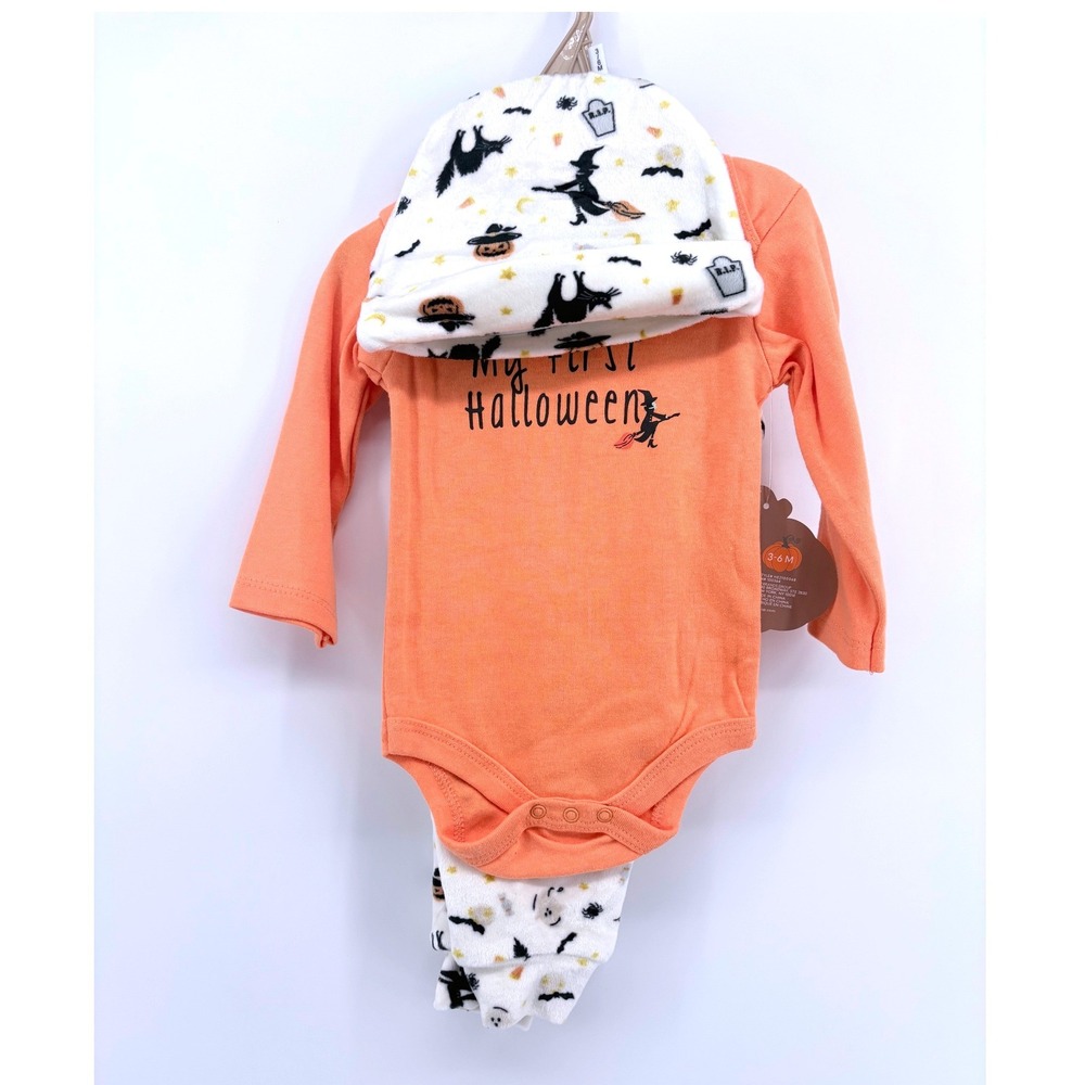 Chickpea My First Halloween 3 Piece Set Bodysuit Pants Hat Orange White 3-6M